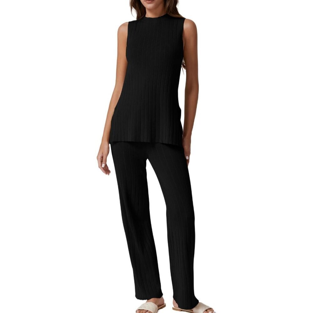 Women Lounge Set Viscose Two Piece Sleeveless Wide Leg Pants Chic